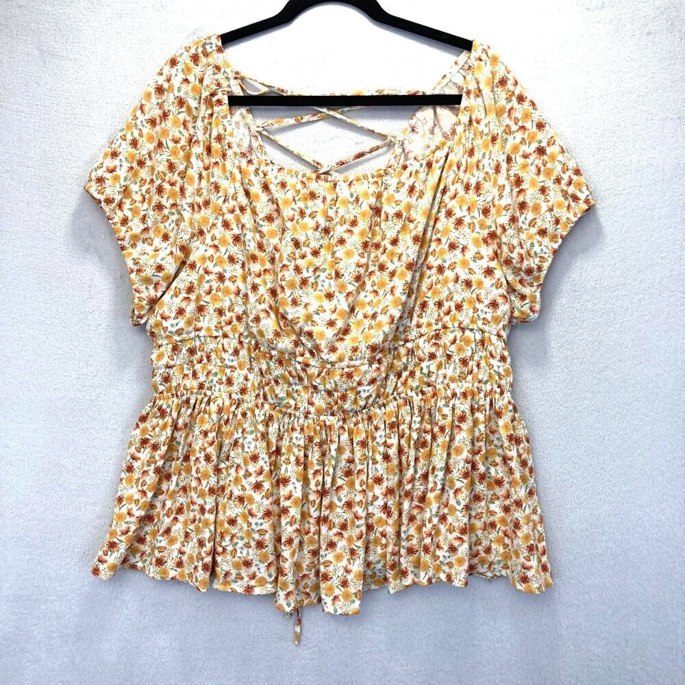 Torrid 3 Smocked Corset Back Peplum Top Womens 3X Fall Floral Orange Blouse